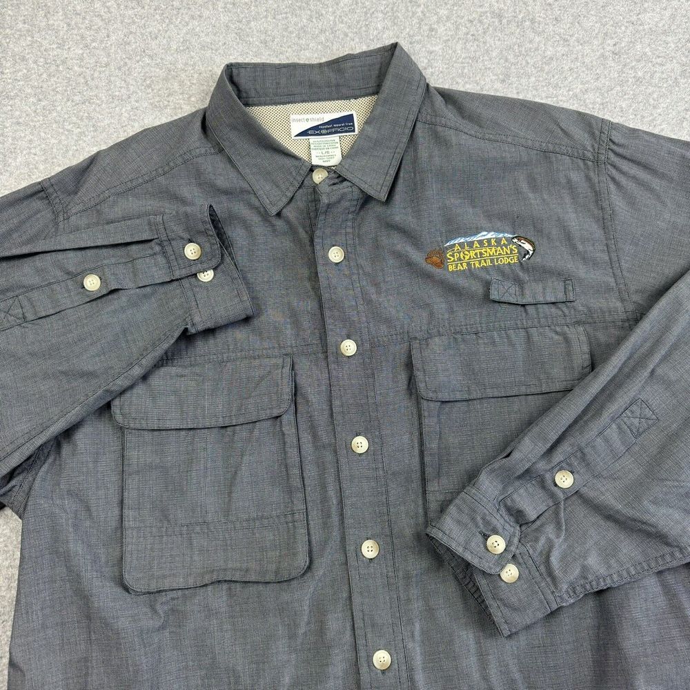 EXOFFICIO Shirt Men's Large Navy‎ Insect Shield Polyester Blend Vented Roll Tab